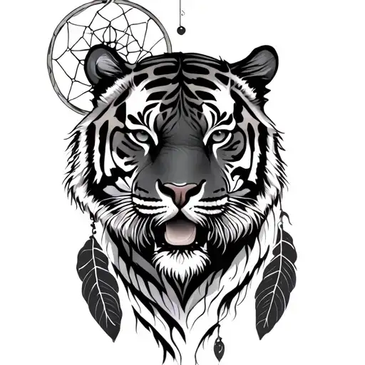 tiger, Aquarius constellation, and dream catcher tattoo design idea