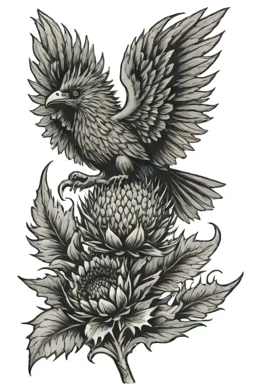 Scottish Thistle being held by a phoenix tattoo design idea
