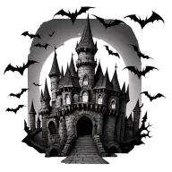draculas castle with bats tattoo design idea