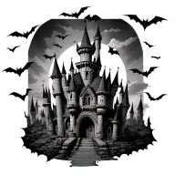draculas castle with bats tattoo design idea