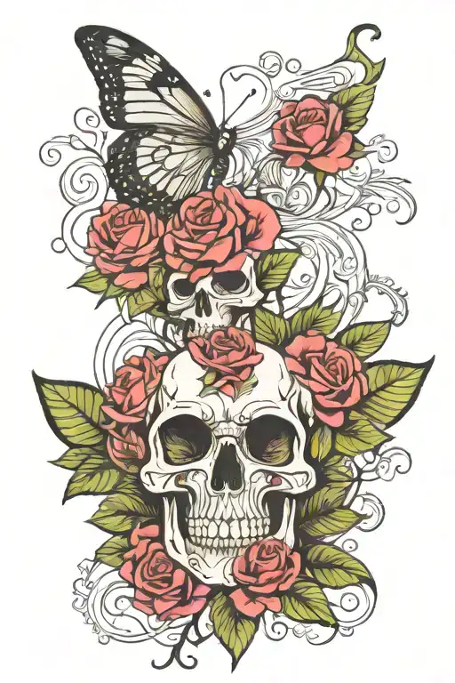 roses skull butterfly's with flower stem half arm sleeve tattoo design idea