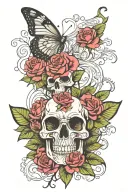 roses skull butterfly's with flower stem half arm sleeve tattoo design idea