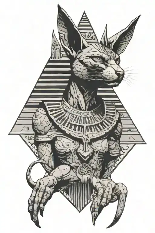 powerful cat god anubis from the front, sun and pyramids in the background tattoo design idea