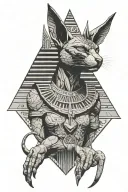 powerful cat god anubis from the front, sun and pyramids in the background tattoo design idea