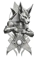 powerful cat god anubis from the front, sun and pyramids in the background tattoo design idea
