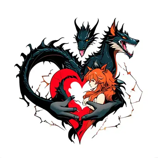 tattoo of a black dragon wrapped around a shattered heart held by a fox woman tattoo design idea