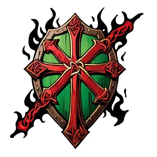 3d red jerusalem cross against a crusader shield made of green and black celtic knot flames tattoo design idea