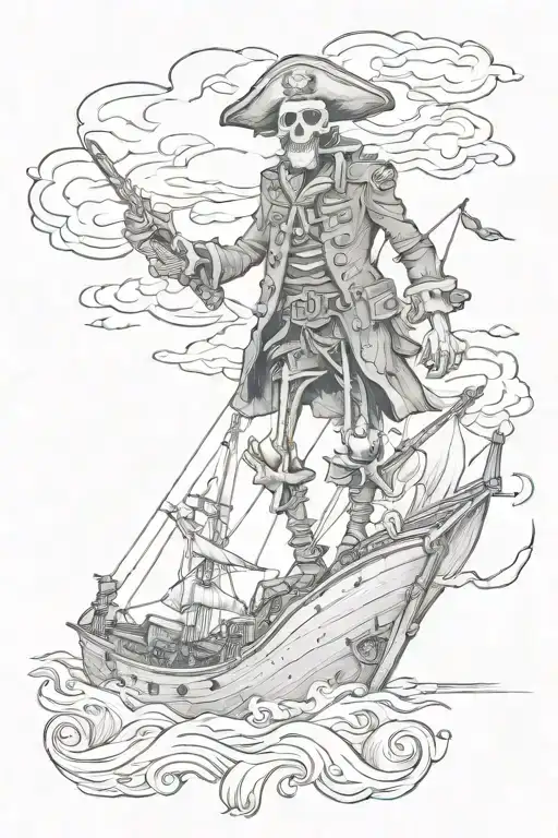 skeleton pirate standing on sinking ship sailing through stormy tattoo design idea