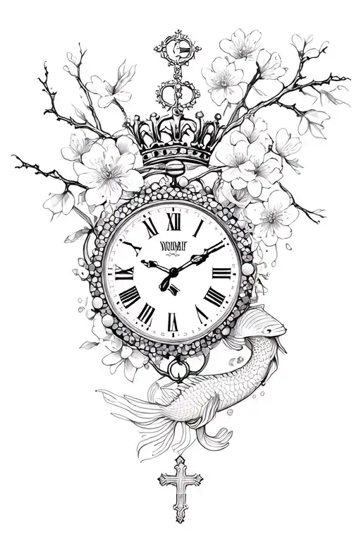 playing cars, clock with crown & beads, koi fish & cherry blossoms, shattered face, venus symbol, thorn braclet & cross tattoo design idea