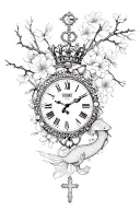 playing cars, clock with crown & beads, koi fish & cherry blossoms, shattered face, venus symbol, thorn braclet & cross tattoo design idea