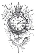 playing cars, clock with crown & beads, koi fish & cherry blossoms, shattered face, venus symbol, thorn braclet & cross tattoo design idea