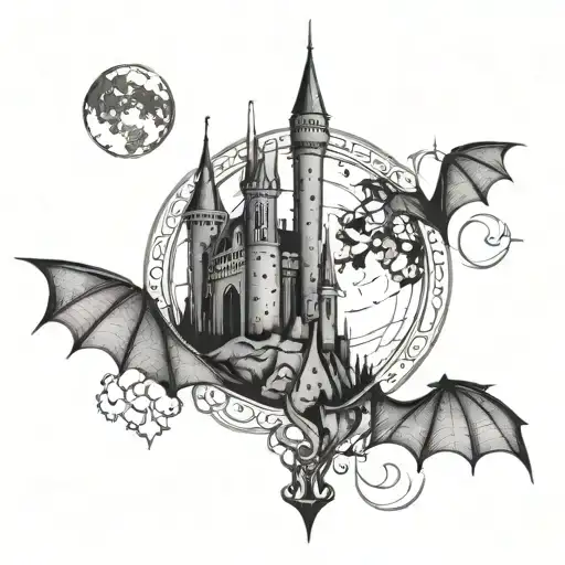 gothic castle moon bats geometric ornate   tattoo design idea