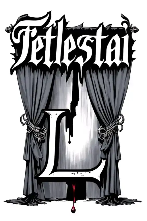 Torn curtain with the word "Tetelestai" above. a single drop of blood coming from the bottom of the letter L tattoo design idea