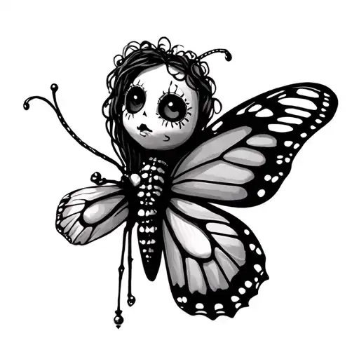 voodoo doll, butterfly flying tattoo design idea