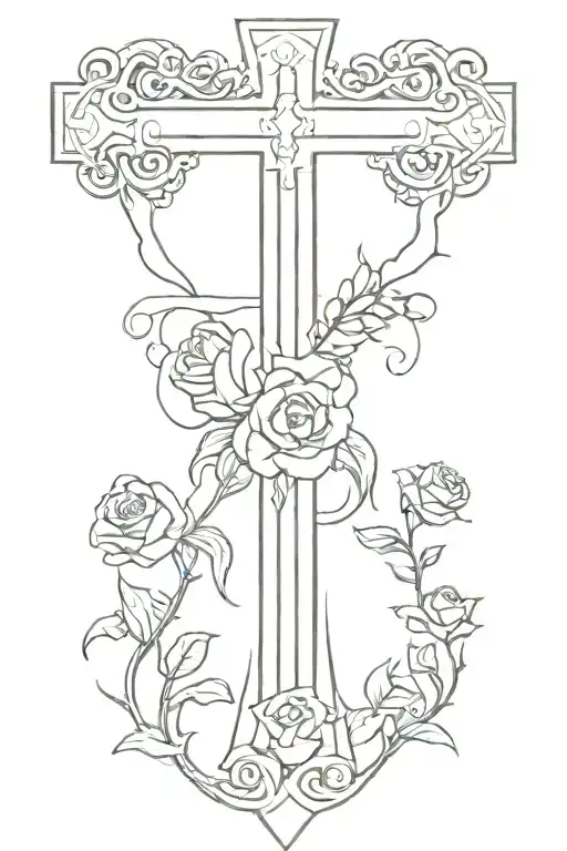 simple memorial cross with Norse runes on it for a lost spouse with rose buds wrapped around it  tattoo design idea