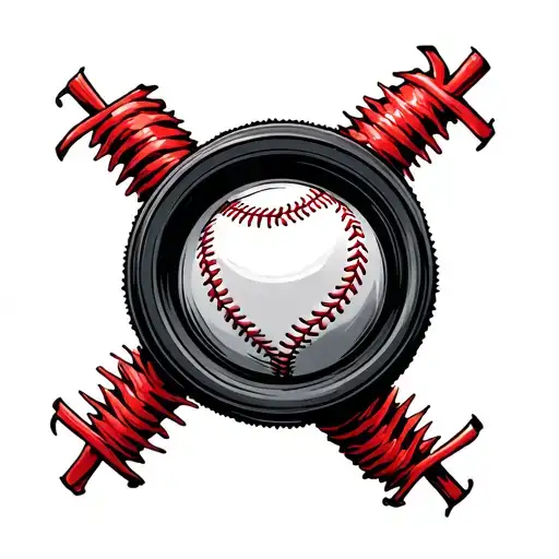 red baseball seams on camera lens with heart tattoo design idea