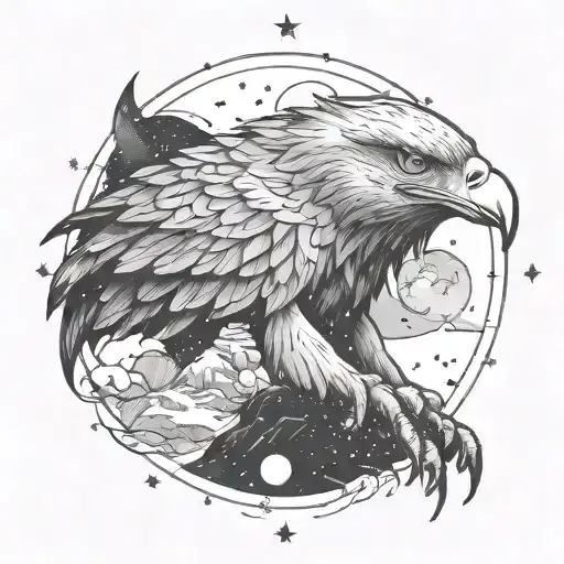 eagle, wolf and aquarius constellation merging together tattoo design idea