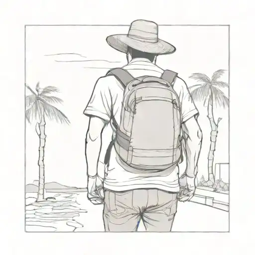 Male figure from behind, holding a travel backpack on his back, a "Vietnamese hat" in his hand.  tattoo design idea