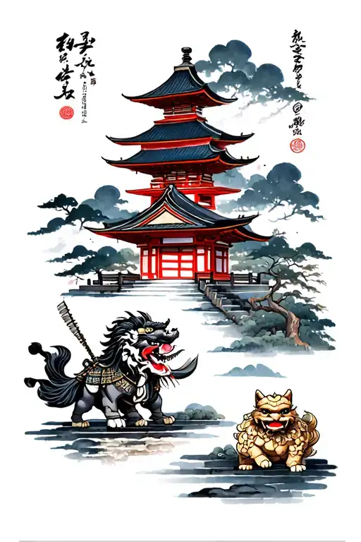 Japanese temple with samurai and foo dog tattoo design idea