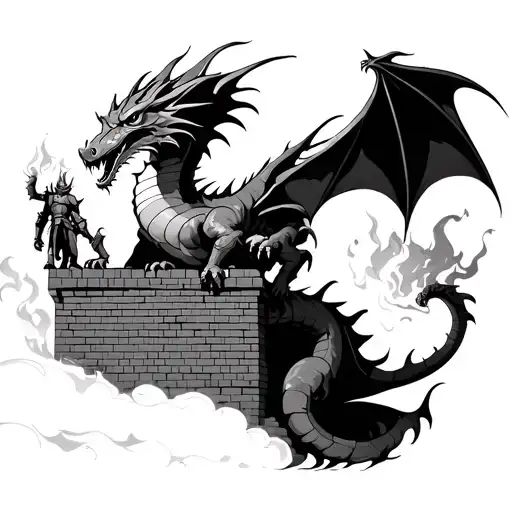 Dragon with a knight on top spitting fire destroying a wall of bricks tattoo design idea