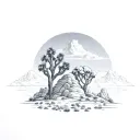 joshua tree and skull rock with mountain background tattoo design idea