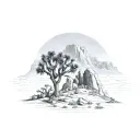 joshua tree and skull rock with mountain background tattoo design idea