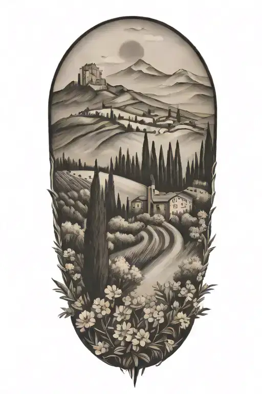 italian tuscany landscape with olive and cypress trees and flowers and compass  tattoo design idea