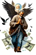 use praying hands hold chain wrapped, father walking to heaven leaving son behind and birds and money flying around w tattoo design idea