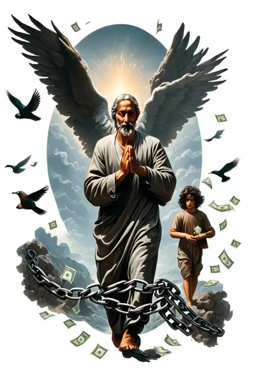 use praying hands hold chain wrapped, father walking to heaven leaving son behind and birds and money flying around w tattoo design idea