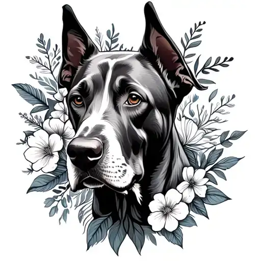 mountain coastal floral around Great Dane head tattoo design idea