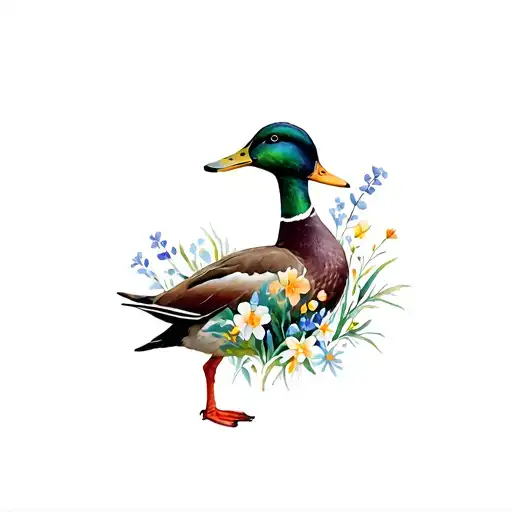mallard duck and wild flowers surrounding tattoo design idea