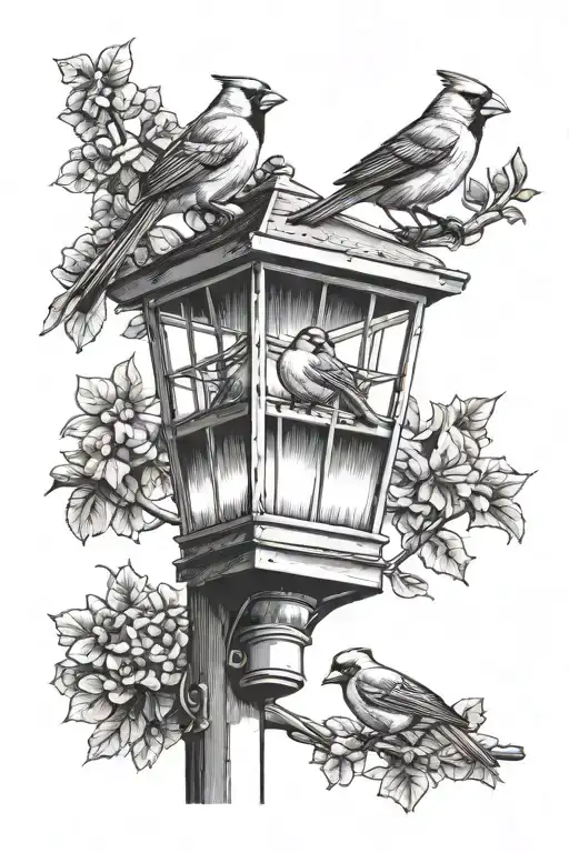cardinals jays crows and doves sitting on a 3 light lamppost with an anti squirrel bird feeder  tattoo design idea