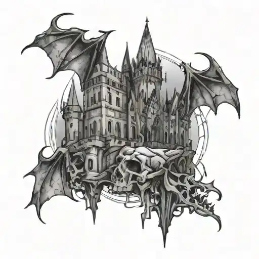 full hand sketch in neo-tribal style with elements of bats and Gothic castles tattoo design idea