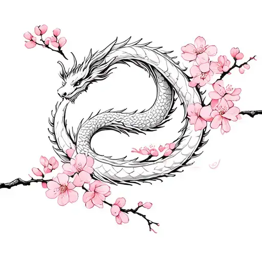 small Japanese dragon spinning around sakura blossom tattoo design idea