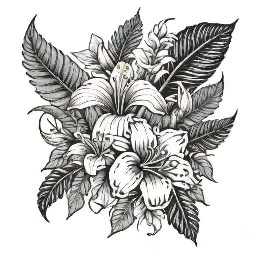 Flower Bouquet with: silver fern, sampaguita and Bauhinia with a string bow at the stems tattoo design idea