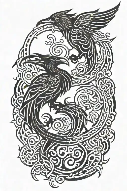 interlacing raven and dragon breathing fire tattoo design idea