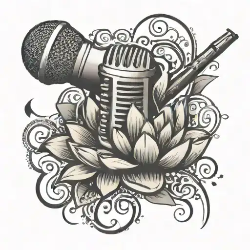 A rock n roll microphone intertwined with spiritual symbols like lotus flowers and mandalas, blending music and meditation tattoo design idea