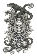 tree snake pyramid crow waterfalls eyeball wheelchair sun moon whale dragon emersing yinyang skull tattoo design idea