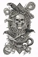 tree snake pyramid crow waterfalls eyeball wheelchair sun moon whale dragon emersing yinyang skull tattoo design idea