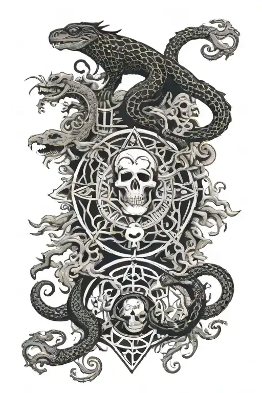 tree snake pyramid crow waterfalls eyeball wheelchair sun moon whale dragon emersing yinyang skull tattoo design idea