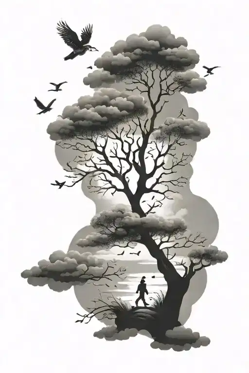 tree clouds birds person walking tattoo design idea
