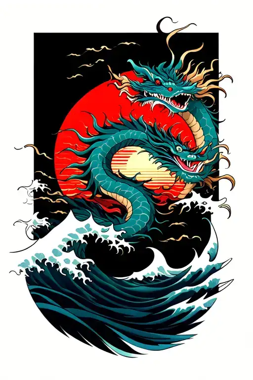 Japanese dragon wrapping up the rising sun inside with the waves tattoo design idea