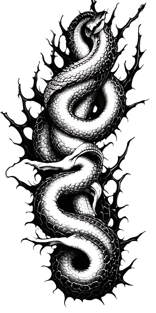 Raw Blackwork Chaotic Bold Strokes Brutalist Dark Abstract  Thorns Expressive Anatomical Horror snake wrapping around tattoo design idea