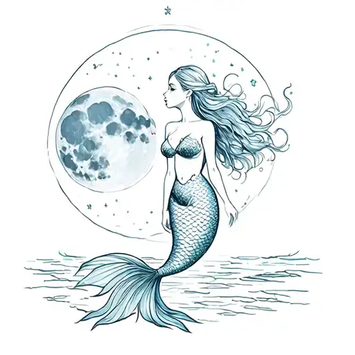 mermaid looking at the moon tattoo design idea