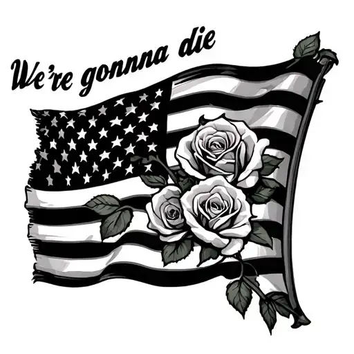 "We're gonna die laughing" american flag with roses tattoo design idea