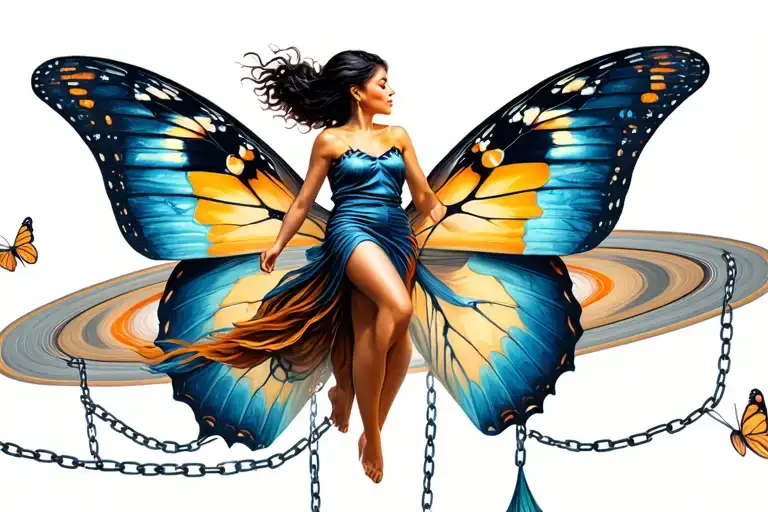 women flying on a butterfly but trapped by Saturn in infinity chains tattoo design idea