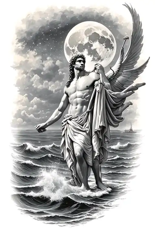Greek god oceanus, aquarius constellation, first quarter moon, evening nautical twilight  tattoo design idea