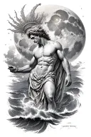 Greek god oceanus, aquarius constellation, first quarter moon, evening nautical twilight  tattoo design idea