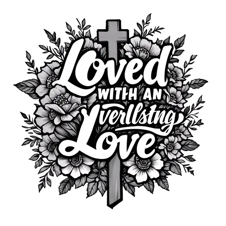 "Loved with an everlasting love" Cross and flowers tattoo design idea