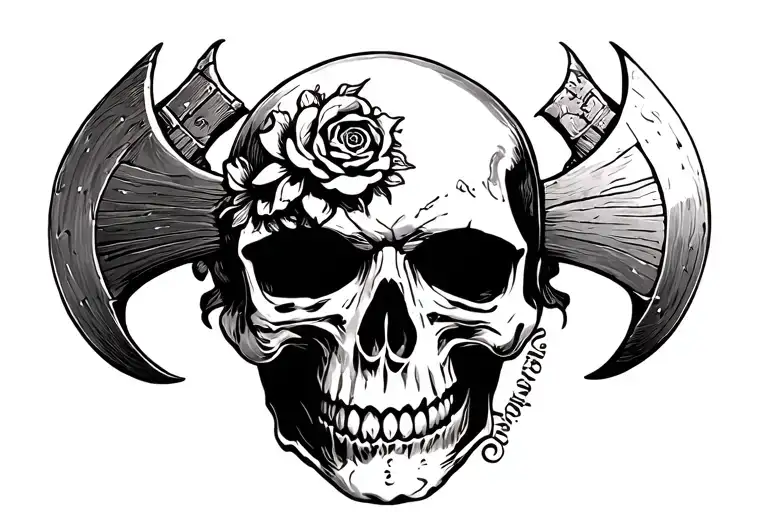 happy skull and two crosses axes tattoo design idea